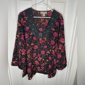 Silk Assets Diane Von Furstenburg 100% Silk Floral Sequined Blouse Glamour 1X